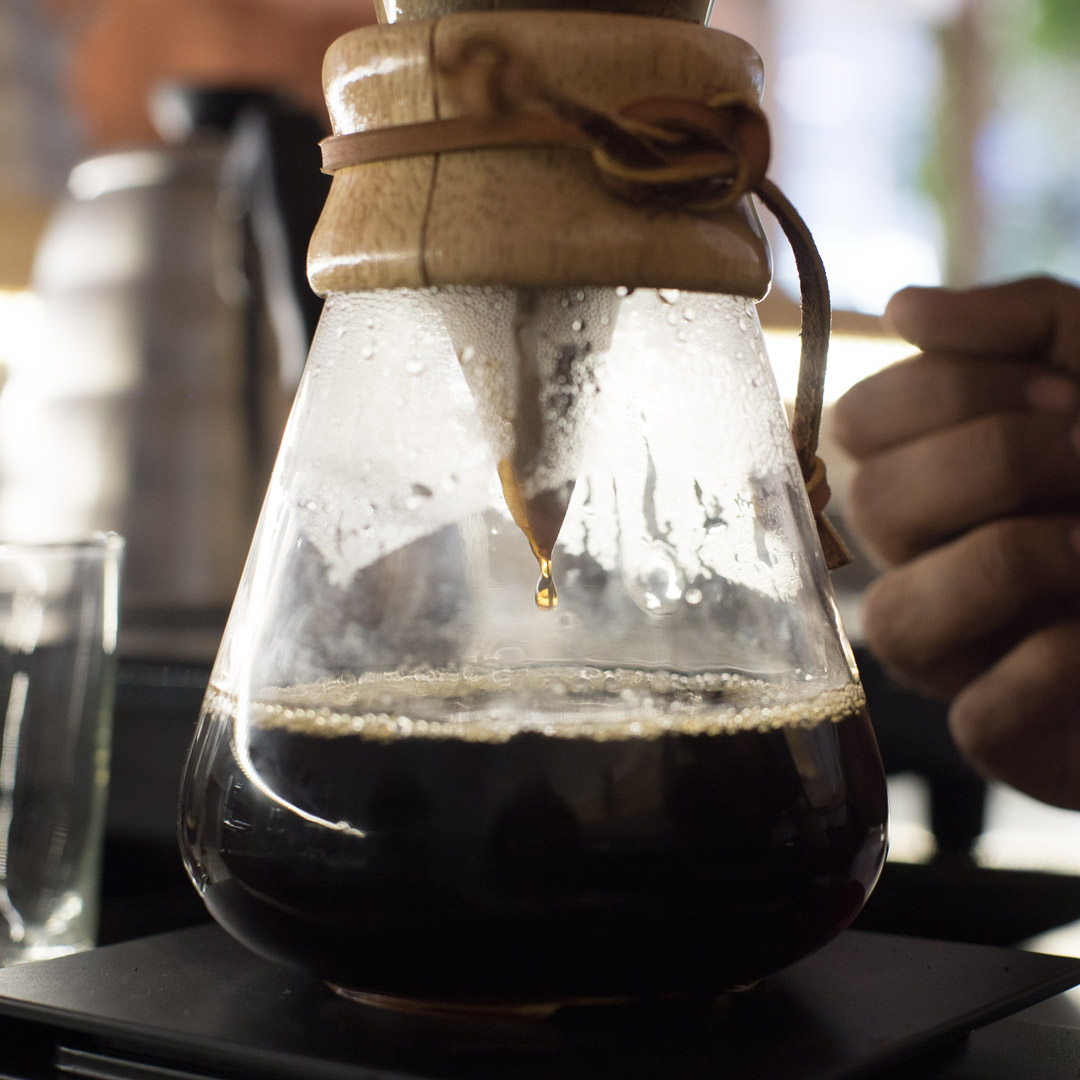 Brewing a cup of coffee using a Chemex.